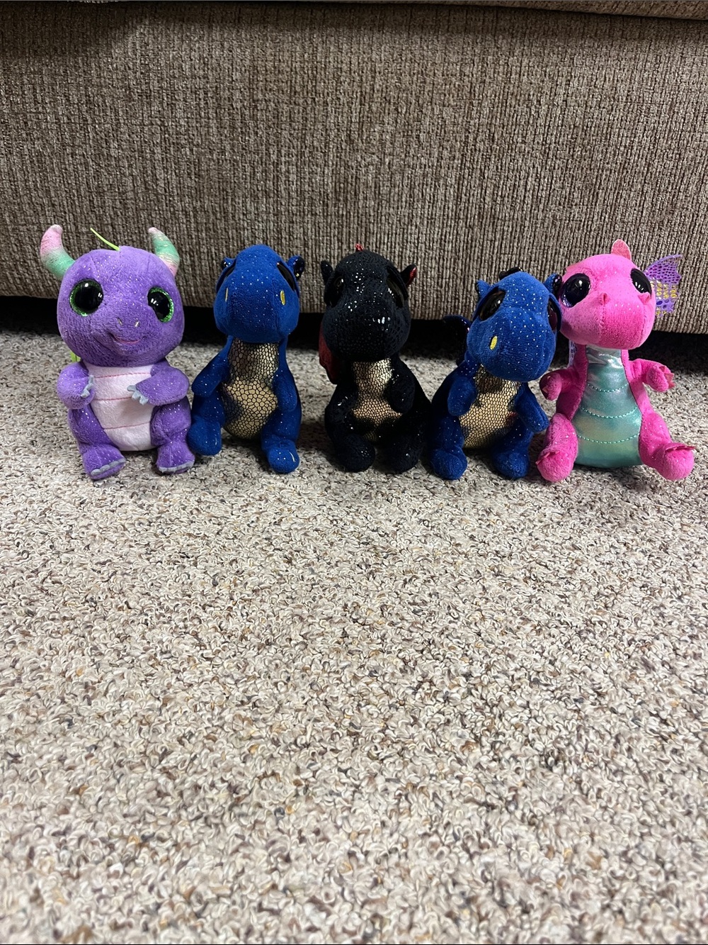 Ty Sparkly Dragon Plush Trio and Pair - Purple, Blue, Black, Pink